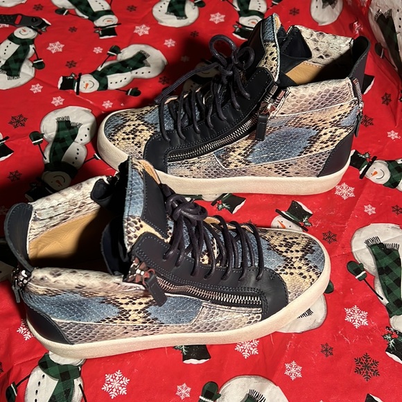 Men's Snakeskin-embossed Leather Double Zip High-top Sneakers - Picture 3 of 8